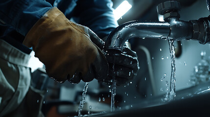 Worker in Gloves Adjusting a Leaking Faucet