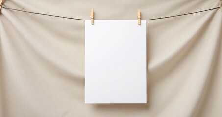 Poster mockup hanging with clothespins on fabric backdrop. Neutral colors and soft lighting make it perfect for product or editorial branding visuals.