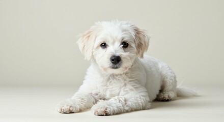 Obraz premium Adorable Fluffy White Puppy Dog Lying Down Studio Shot Pet Photography