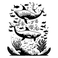 Monochrome underwater scene depicting marine life, flora and aquatic environment