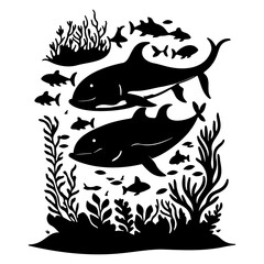 Silhouette illustration displaying marine life with dolphins and coral reefs