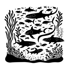 Underwater aquatic fauna and flora composition, stylized marine ecosystem illustration