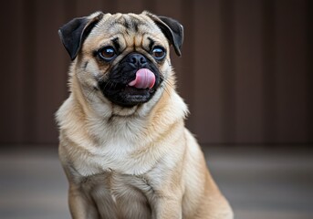 Obraz premium Pug sitting with a playful expression while licking its lips, surrounded by a neutral background