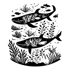 Monochromatic aquatic mural featuring whales, coral and marine vegetation, minimalist art