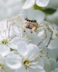 Transparent-Legged Spider on Fresh White Flowers in Morning Light with Crisp Detail and Texture