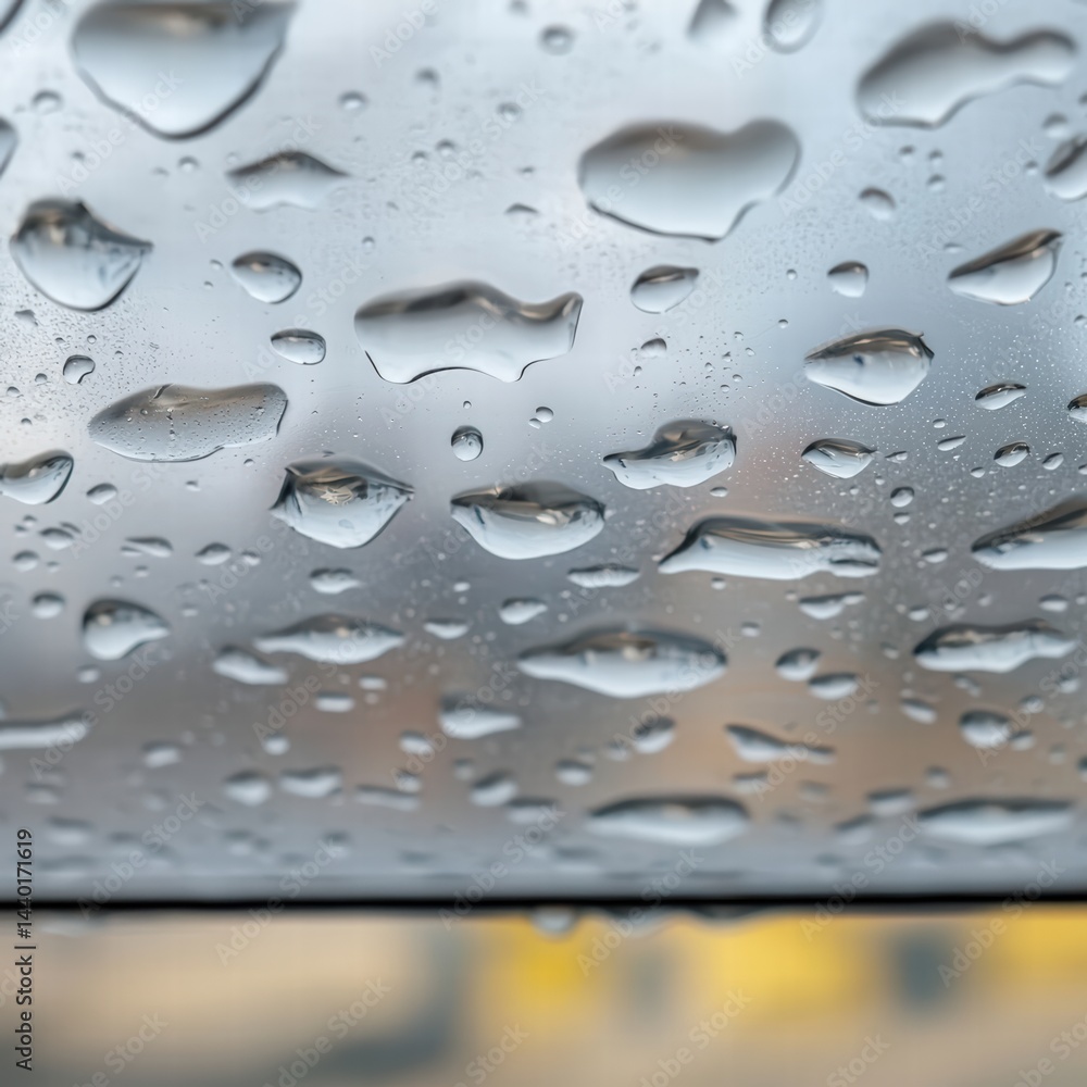 Poster captivating rainfall on a window pane creating a mesmerizing scene with blurred background views