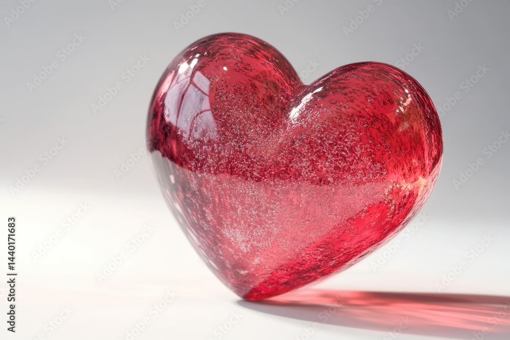 Poster a translucent red heart shaped glass object on a white surface with a soft shadow behind it