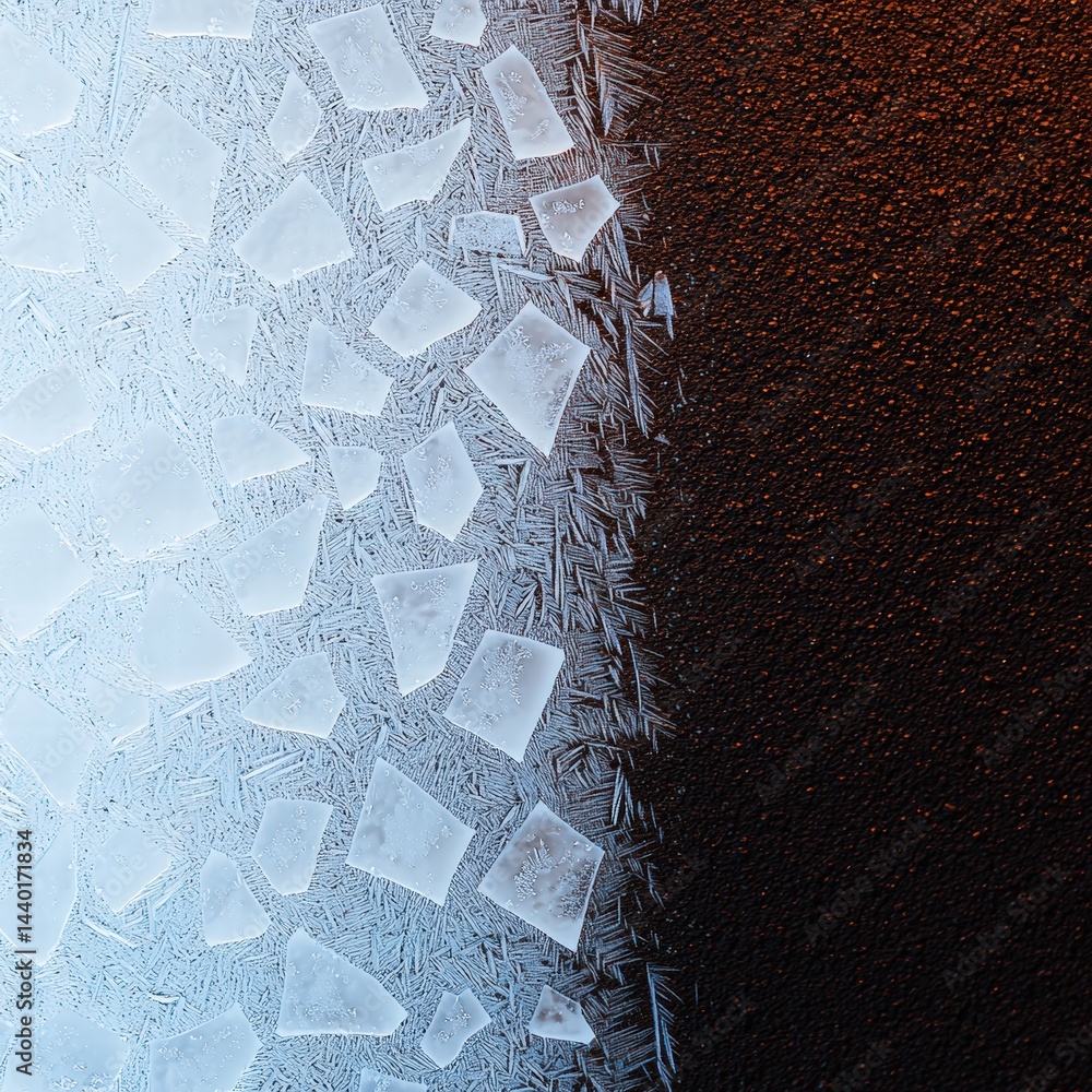 Poster frosty window pane with intricate ice crystals forming unique patterns on a cold winter morning
