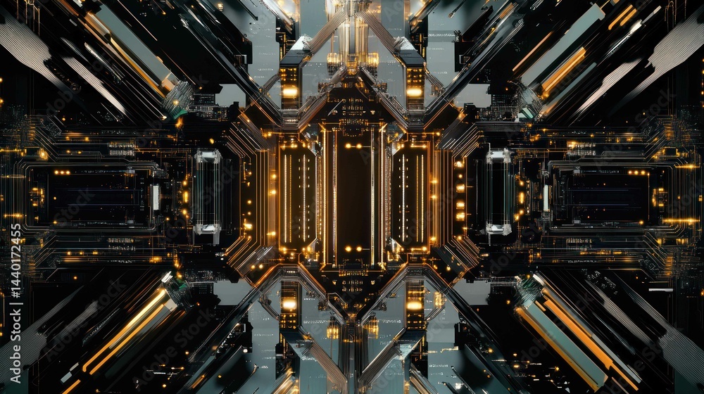 Poster abstract image of a complex and futuristic circuit board with gold lighting.