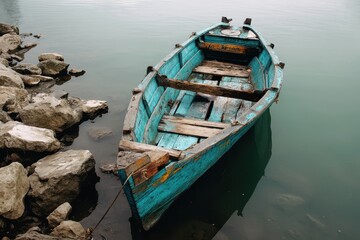Weathered Teal Rowboat Moored by Rocky Shore