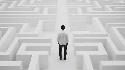 Man Navigating Minimalist White Maze, Symbolizing Confusion and Decision-Making