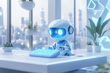 A cute robot diligently works at a futuristic office desk, using a glowing keyboard.