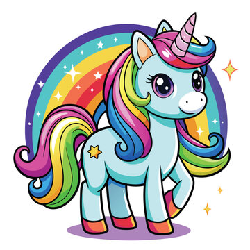 Cute Unicorn Cartoon vector with rainbow mane and tail. Beautiful Unicorn Cartoon Vector on Background.