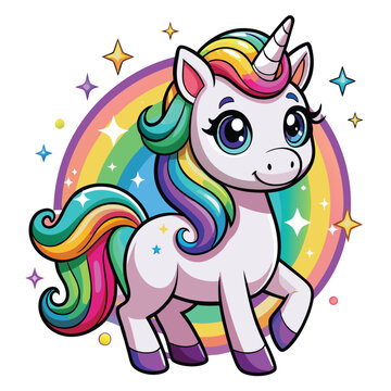 Cute Unicorn Cartoon vector with rainbow mane and tail. Beautiful Unicorn Cartoon Vector on Background.