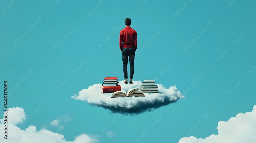 Poster intellectual solitude - man floating on cloud island of knowledge and technology