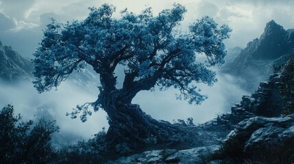 Obraz premium Mystical tree on mountain, foggy, moody and serene