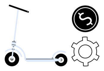 Electric scooter beside a dollar icon and gear symbolizing cost, efficiency, eco-friendly transportation, innovation, urban mobility, cost-saving, and technology. Ideal for clean energy concept or