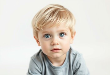 Portrait of a 3-year-old boy with blonde hair and bright blue eyes