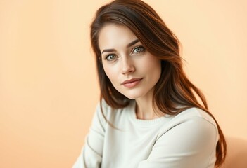 Fototapeta premium Natural light portrait of a female on a warm pastel background