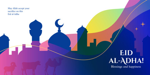 Naklejka premium Colorful Eid al-Adha greeting card with mosque silhouettes, crescent moon, stars, animals, and abstract waves. Muslim holiday celebration with blessings and happiness wishes.
