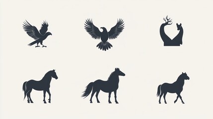 Obraz premium Animals set Eagle, deer, horse silhouettes for logo, emblem or graphic design