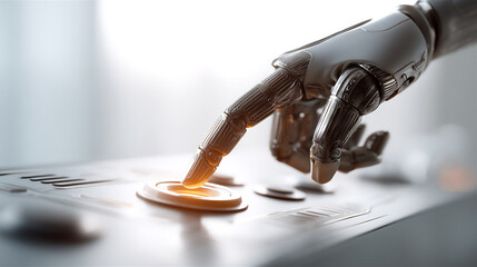 close-up of next-gen robotic hand interacting with control panel, soft backlight