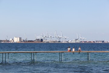 View of the industrial harbor of Aarhus with the infinite bridge, Denmark	