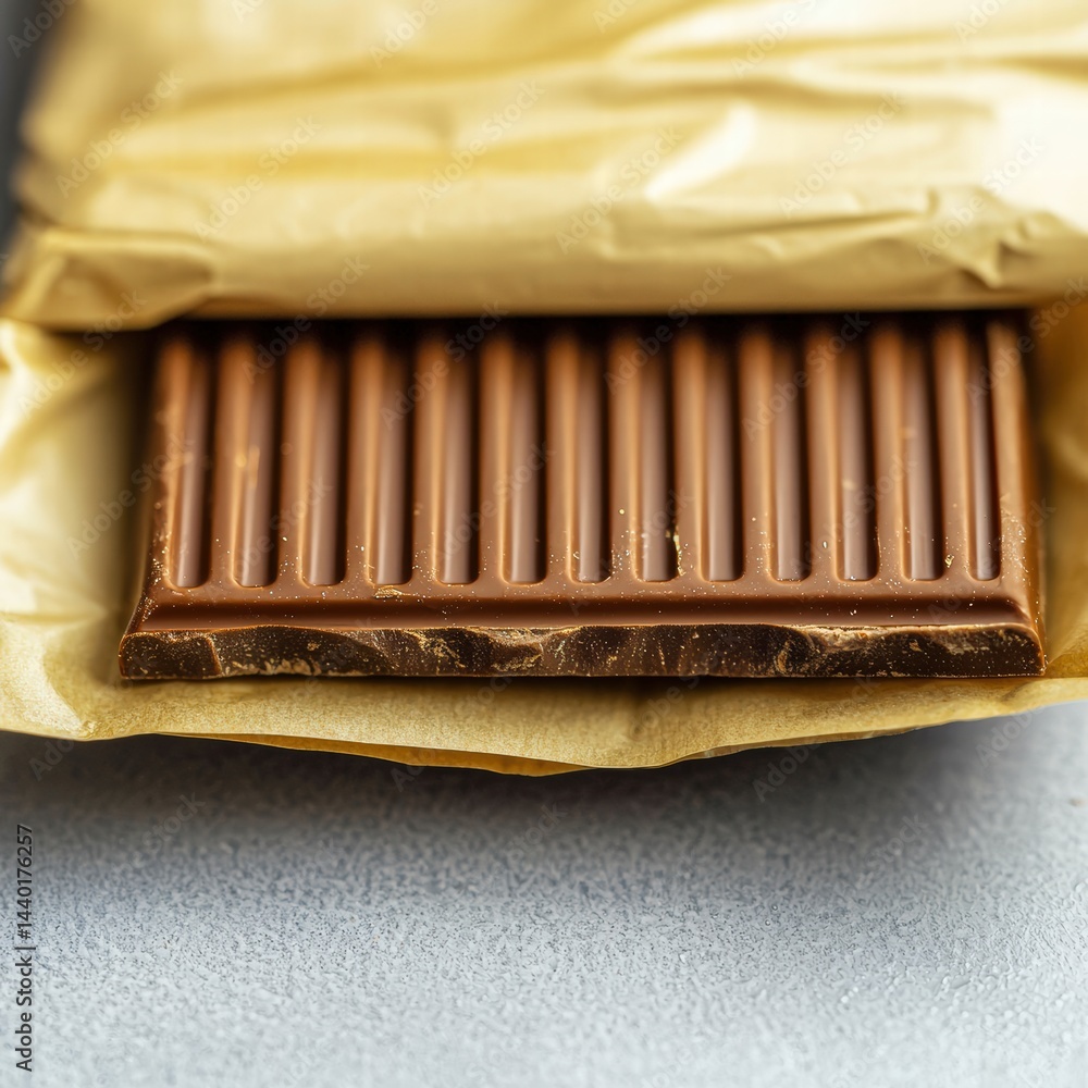 Poster a close-up view of a tempting chocolate bar displayed on a simple background ready to be enjoyed