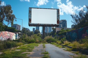 Obraz premium Rusted billboard in urban wasteland with modern cityscape and graffiti art