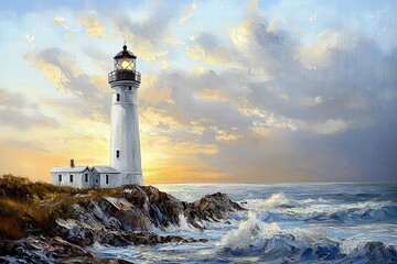 Naklejka premium White Lighthouse on Rocky Shore at Sunset, Impasto Oil Painting with Ocean Waves and Vibrant Sky