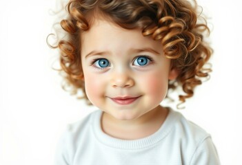 Naklejka premium Female toddler with curly brown hair and bright blue eyes in a white background