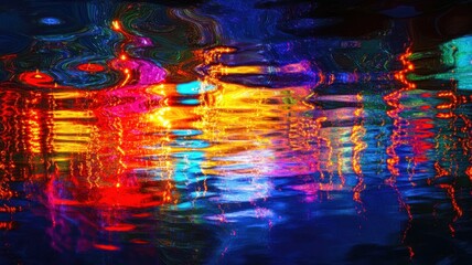 Holiday lights create colorful reflections on a glossy surface during a festive evening