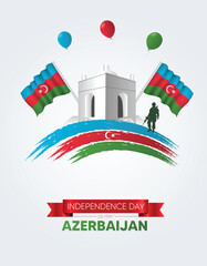 Fototapeta premium Azerbaijan Independence Day 28 May brush stroke flag with landmark vector poster