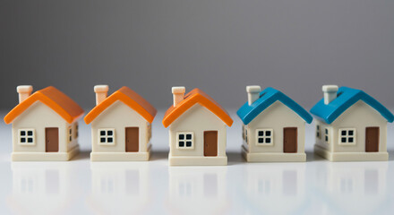 Miniature houses aligned on reflective surface for residential market neighborhood or property concept