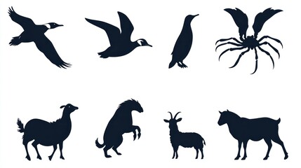 Wildlife Silhouettes Birds flying and animals standing against a white backdrop, for graphic design