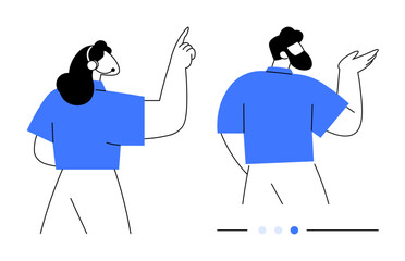 Two abstract figures in blue shirts gesturing with expressive arm movements. Ideal for teamwork, communication, collaboration, brainstorming, decision-making, presentations, and simple landing page