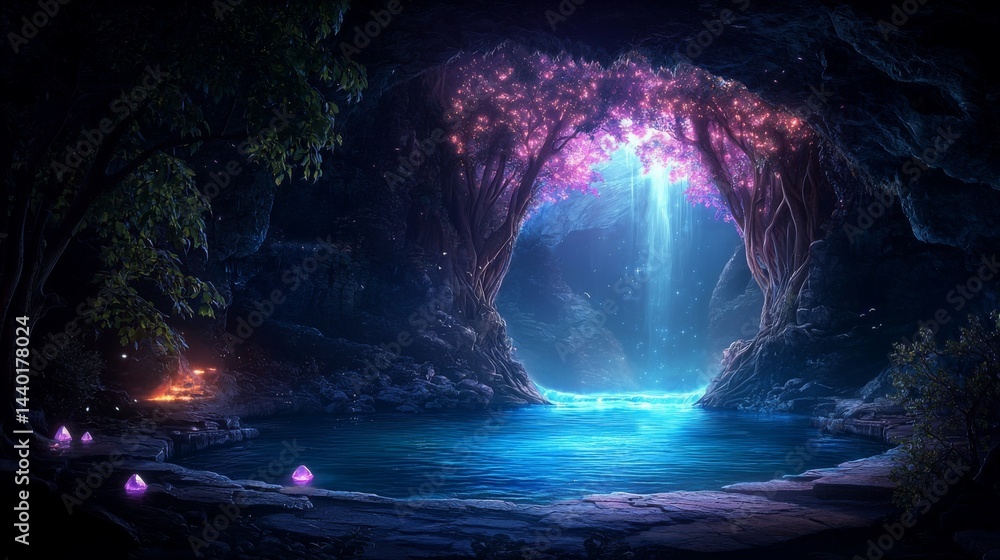 Canvas Prints enchanted cave with glowing trees and serene water pool