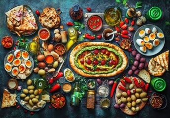 Colorful and Diverse Spread of Mediterranean Dishes with Various Ingredients for a Delicious Culinary Experience on a Dark Surface