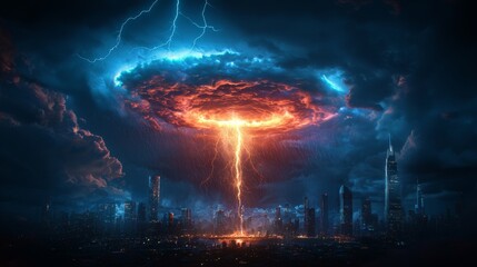 Dramatic nuclear explosion over a futuristic cityscape