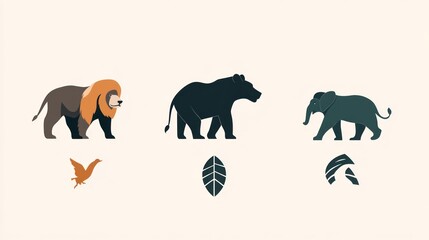 Naklejka premium Lion, rhino, elephant animal icons for wildlife and nature conservation or logo use