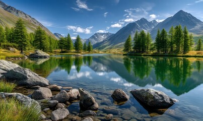 Serene alpine lake reflecting mountains under a vibrant blue sky.  Ideal for showcasing tranquility and natural beauty.  Perfect for travel or nature-themed presentations
