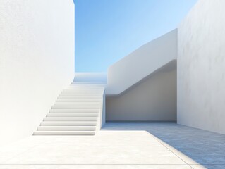 Abstract of minimal architecture space with white staircase and wall on blue sky background, Courtyard with shade and shadow 3D rendering
