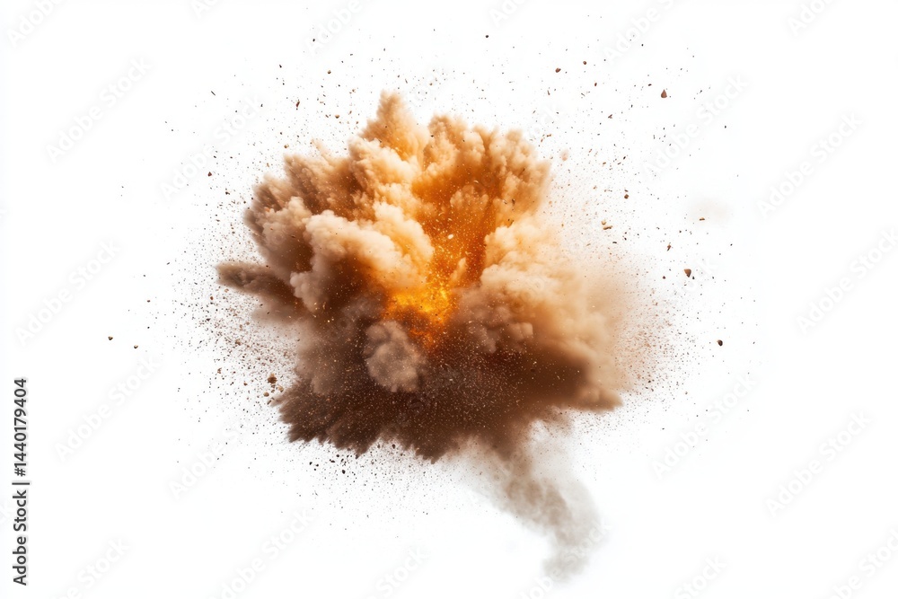 Poster a dynamic explosion of dust and particles against a stark white background captured in detail