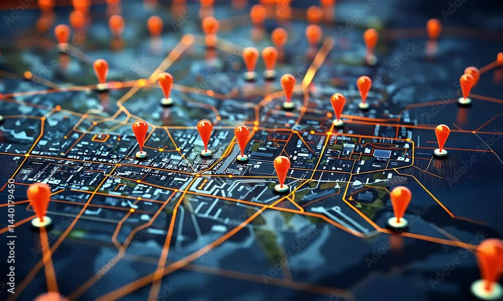 Poster futuristic digital map interface showing glowing gps location markers on a city grid, representing a