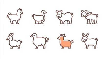 Livestock Icons Line art of farm animals on white background, perfect for children's educational materials