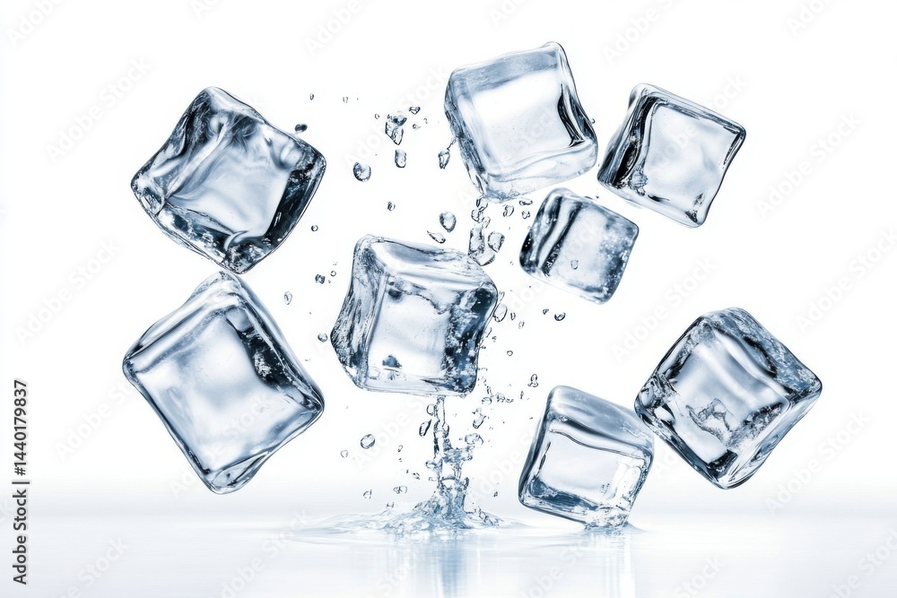 Poster floating ice cubes with water droplets on a white background creating a refreshing scene image