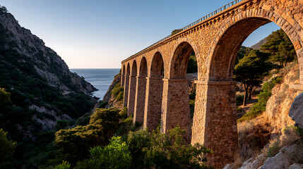 Obraz premium Ancient Stone Aqueduct Arching Across Coastal Valley With Ocean In Background, Timeless Infrastructure Theme For Heritage Projects, Travel Prints, And Landscape Narratives