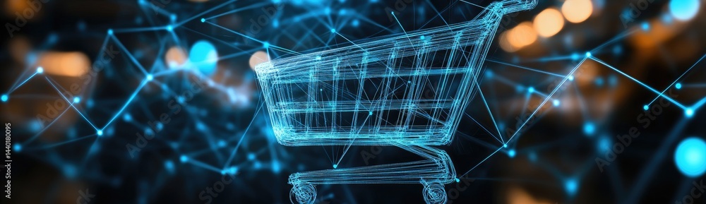 Poster digital shopping cart formed by interconnected blue lines and nodes against a bokeh background repre