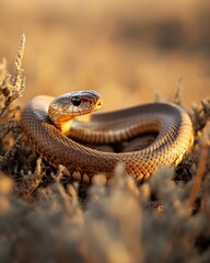 Fototapeta premium Alert Brown Snake Coiled in Dry Grass and Staring Ahead in Sunlit Open Field Habitat