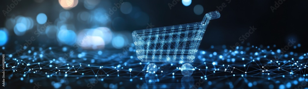 Poster digital shopping cart icon on glowing network with dark backdrop representing modern online retail a